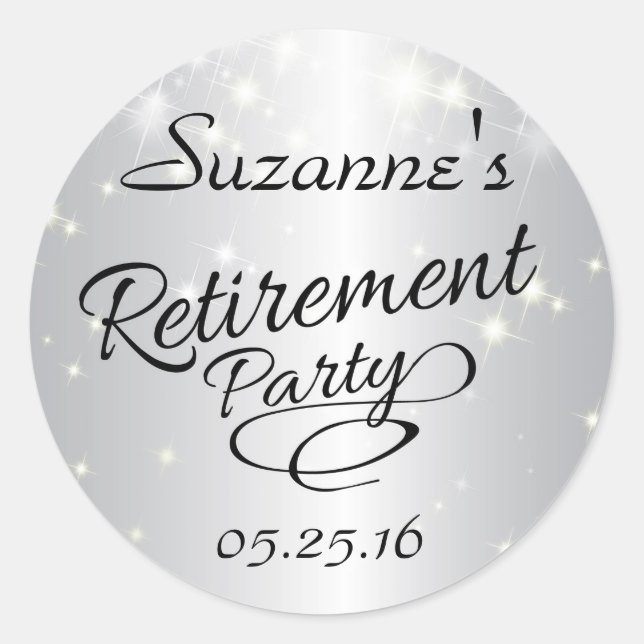 Sparkly Silver Retirement Stickers, Party Favours Classic Round Sticker (Front)