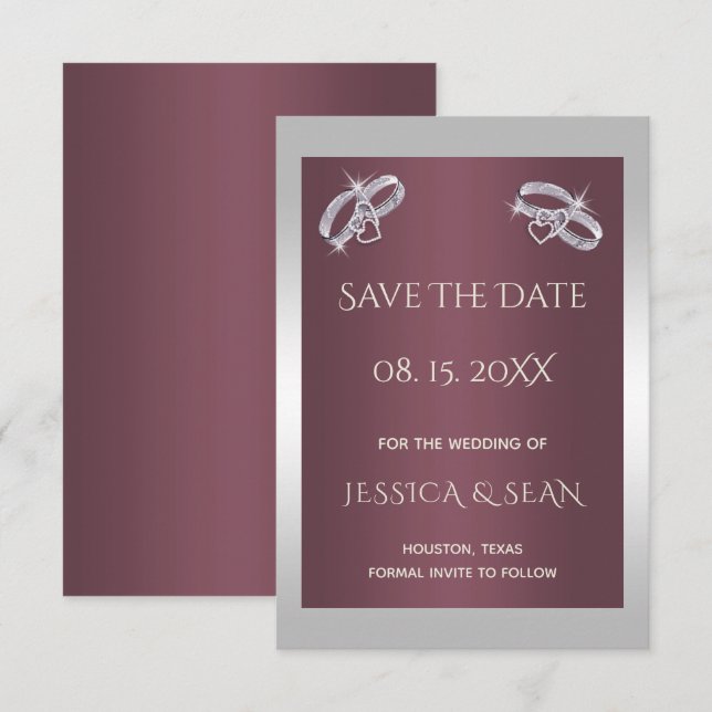 Sparkly Silver Rings & Burgandy Save The Date (Front/Back)