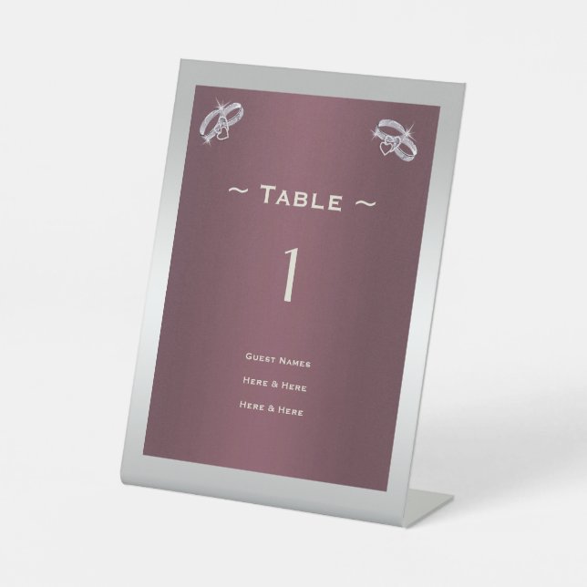 Sparkly Silver Rings & Burgandy Table Number Pedestal Sign (Front)