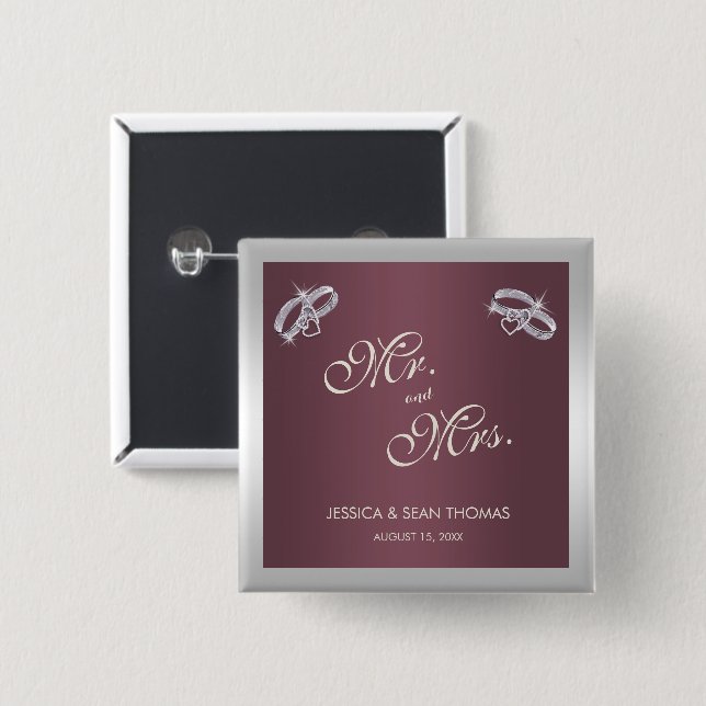 Sparkly Silver Rings & Burgandy Wedding 15 Cm Square Badge (Front & Back)