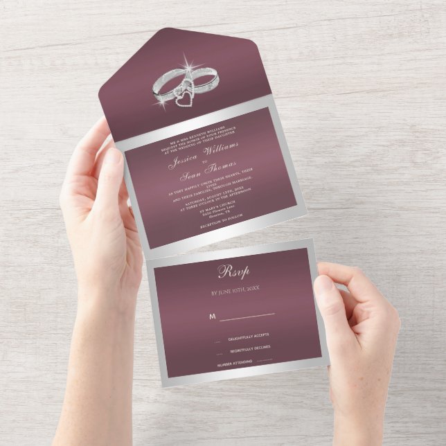 Sparkly Silver Rings & Burgandy Wedding All In One Invitation (Tearaway)