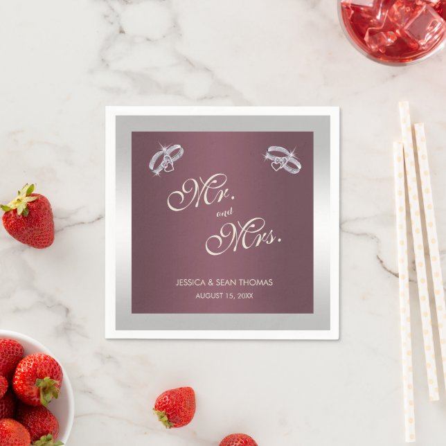 Sparkly Silver Rings & Burgandy Wedding Napkin (Insitu)