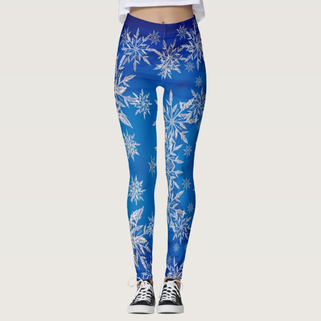 Sparkly Silver Snowflakes on Blue Leggings (Front)