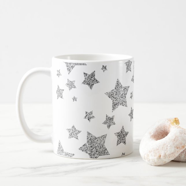 Sparkly Silver Stars Christmas holidays pattern Coffee Mug (With Donut)