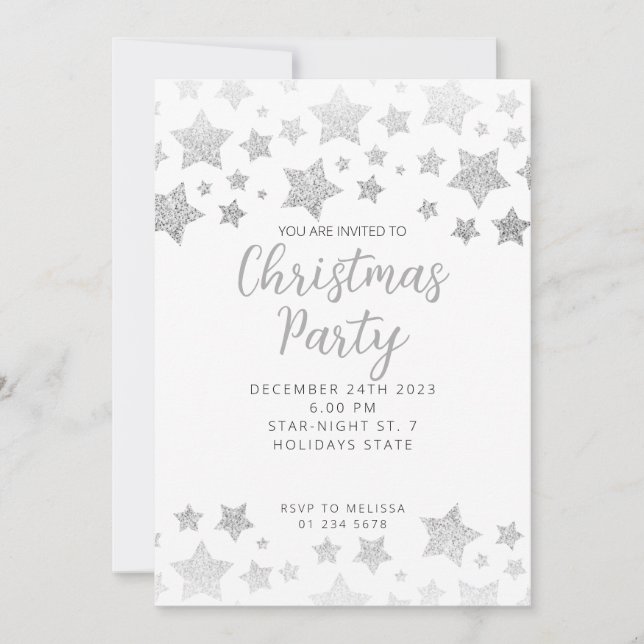 Sparkly Silver Stars Christmas party white Invitation (Front)