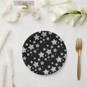 Sparkly Silver Stars Christmas pattern black Paper Plate
