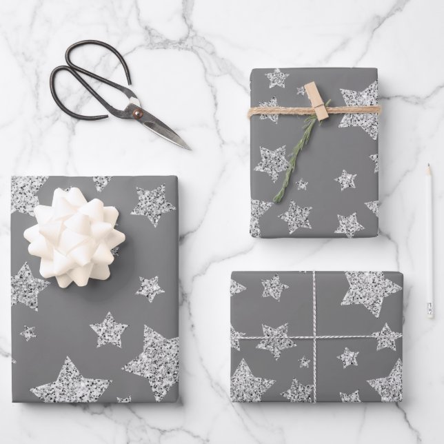 Sparkly Silver Stars Christmas pattern on grey Wrapping Paper Sheet (Front)