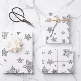 Sparkly Silver Stars Christmas pattern on white Wrapping Paper Sheet