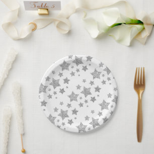 Sparkly Silver Stars Christmas pattern white Paper Plate