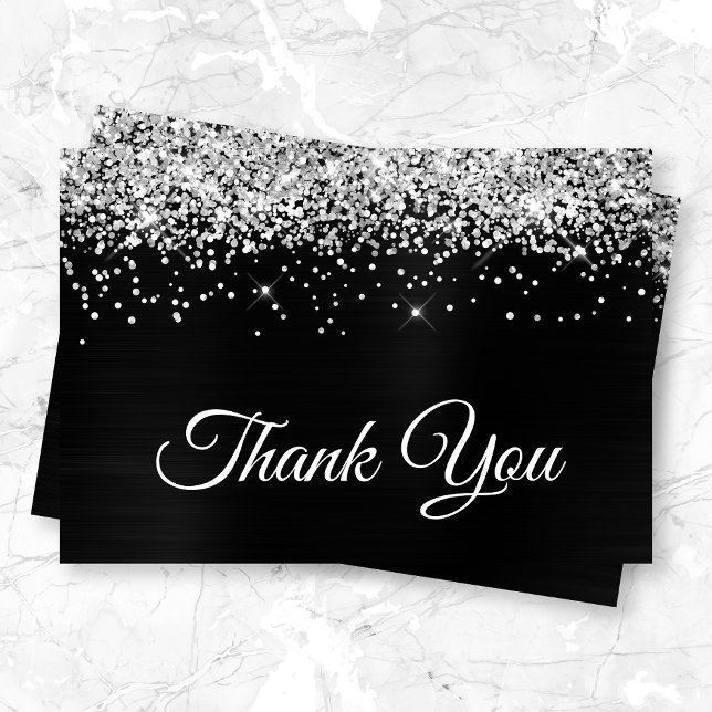 Sparkly Silvery Glitter Black Satin Ombre Foil Thank You Card (Creator Uploaded)