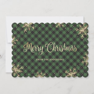 Sparkly Snowflakes Green Plaid Gold Christmas Holiday Card