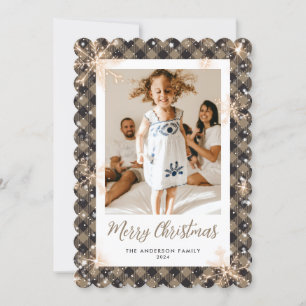 Sparkly Snowflakes Plaid Photo Merry Christmas Holiday Card