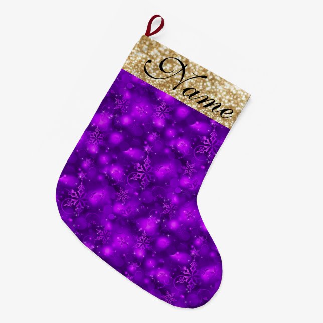 Sparkly Snowflakes, Purple & Gold Glitter - Large Christmas Stocking (Front (Hanging))
