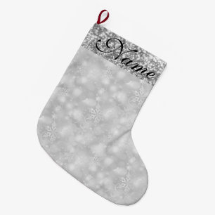 Sparkly Snowflakes, Silver & Silver Glitter - Large Christmas Stocking