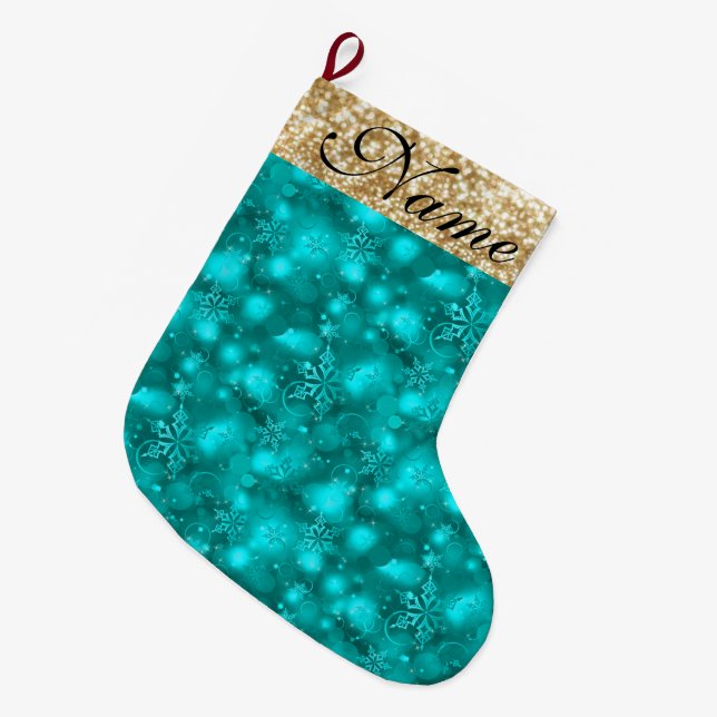 Sparkly Snowflakes, Teal & Gold Glitter - Large Christmas Stocking (Front (Hanging))