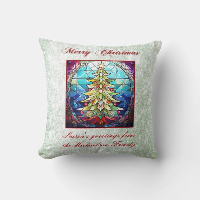 Sparkly Stained Glass Christmas Tree Green Glitter Cushion (Front)