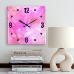 Sparkly star numbers on pink watercolor abstract square wall clock<br><div class="desc">Tiny purple hot pink star numbers twinkle on a dappled pink celestial abstract watercolor background. Enliven up your favourite room with this stunning, vibrant wall clock. Your choice of a round or square clock face. Makes a great housewarming gift! You can easily personalise this wall clock plus I also offer...</div>