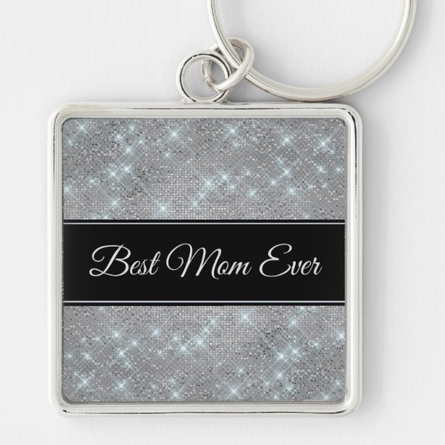 Sparkly Star Silver Black Best Mum Key Ring (Front)