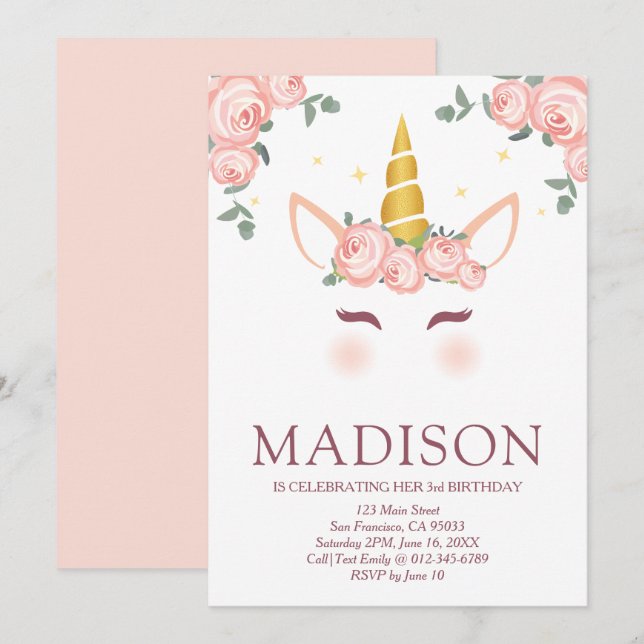 Sparkly Stars and Flowers Unicorn Birthday Invitation (Front/Back)