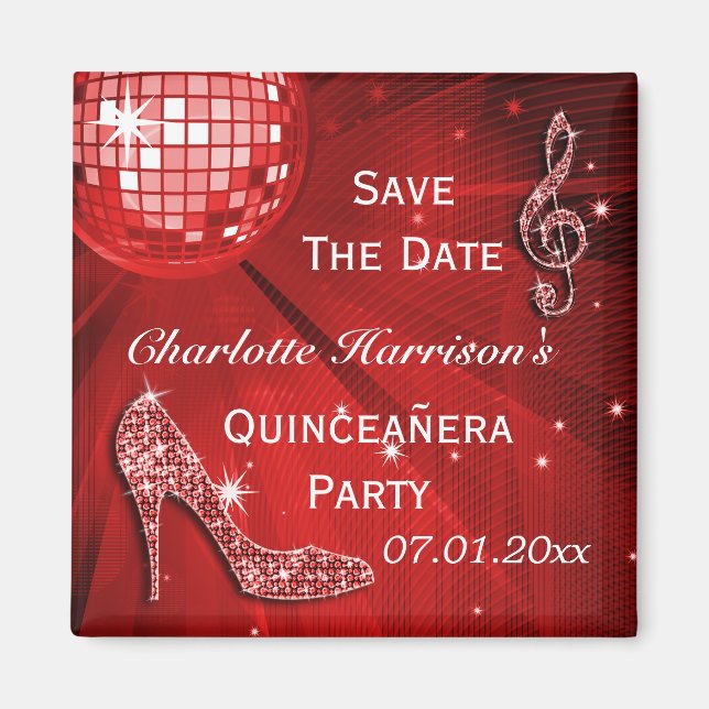 Sparkly Stiletto Heel Quinceañera Save The Date Magnet (Front)