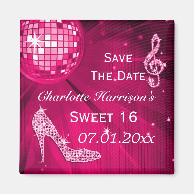 Sparkly Stiletto Heel Sweet 16 Save The Date Magnet (Front)