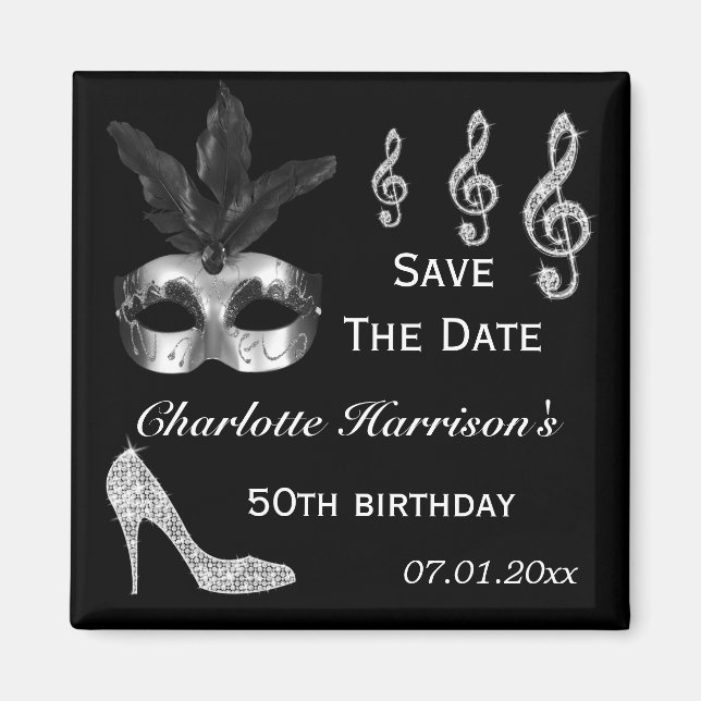 Sparkly Stiletto, Masquerade & Music Save The Date Magnet (Front)