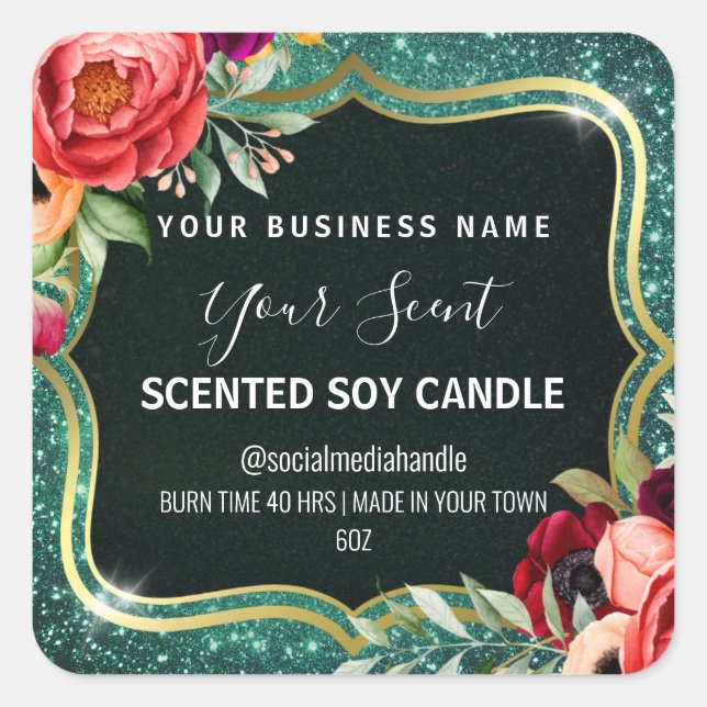 Sparkly Teal And Gold Scented Soy Candle Labels (Front)