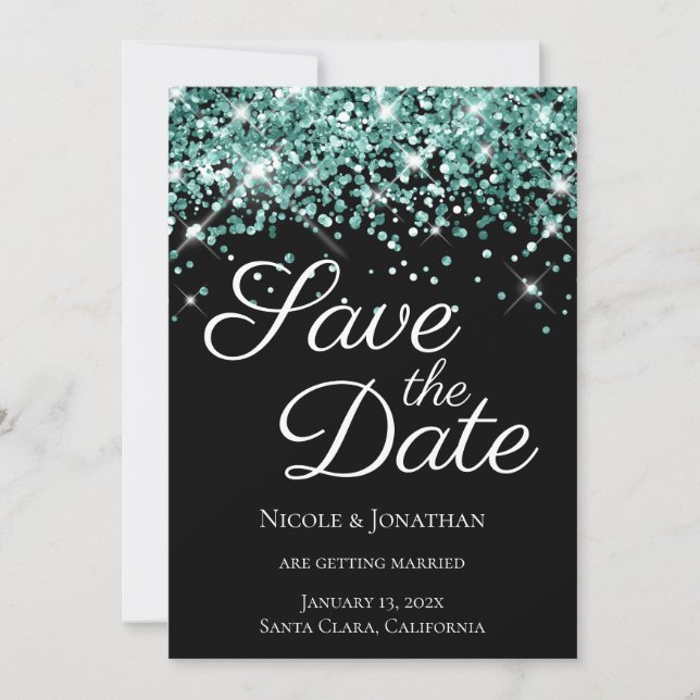 Sparkly Teal Glitter Black Elegant Calligraphy Save The Date (Front)