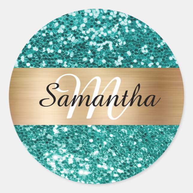 Sparkly Teal Glitter Gold Shimmer Monogram Classic Round Sticker (Front)