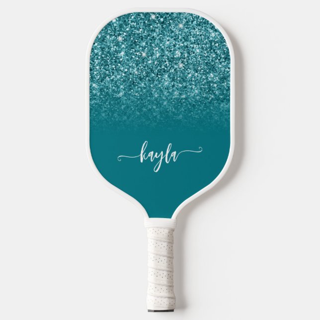 Sparkly Teal Glitter Ombre Modern Script Pickleball Paddle (Front)