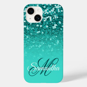 Sparkly Teal Glitter Turquoise Ombre Monogram Case-Mate iPhone 14 Case