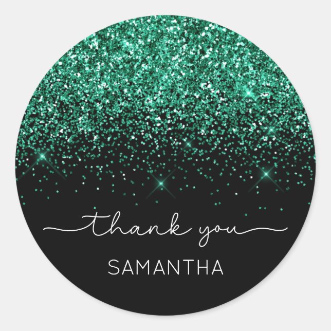 Sparkly Teal Green Glitter Black Name Thank You Classic Round Sticker (Front)