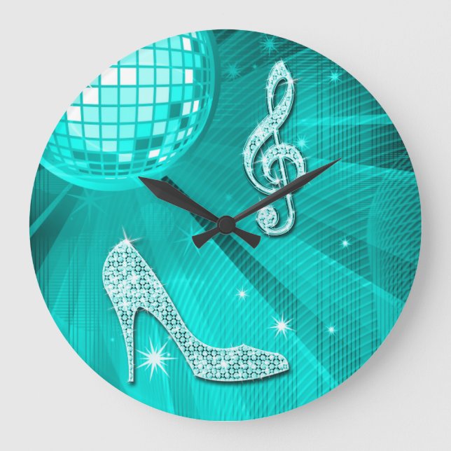 Sparkly Teal Music Note & Stiletto Heel Large Clock (Front)