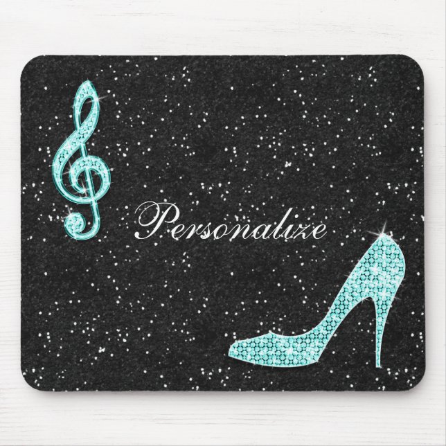 Sparkly Teal Music Note & Stiletto Heel Mouse Pad (Front)