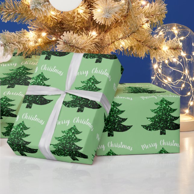 Sparkly tree Merry Christmas light green Wrapping Paper (Holidays)