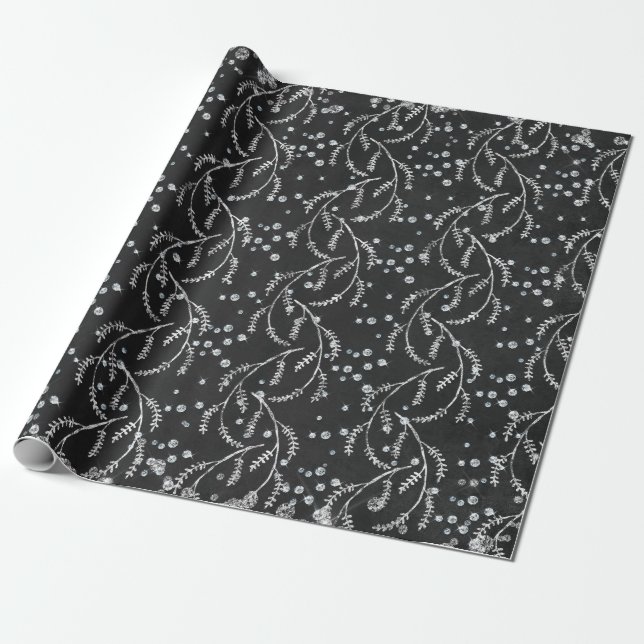 Sparkly Twilight Black Laurel Silver Diamonds Wrapping Paper (Unrolled)