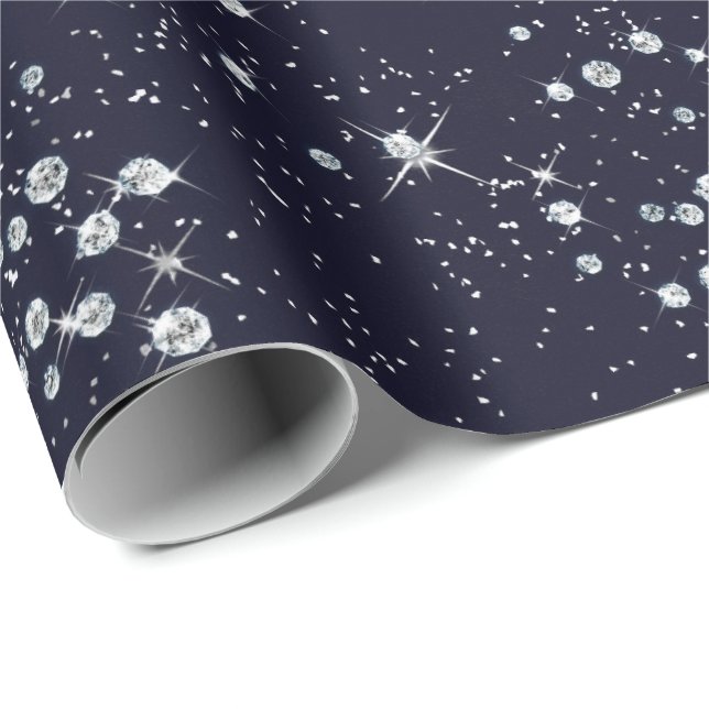 Sparkly Twilight Blue Marine Sky Silver Diamonds Wrapping Paper (Roll Corner)