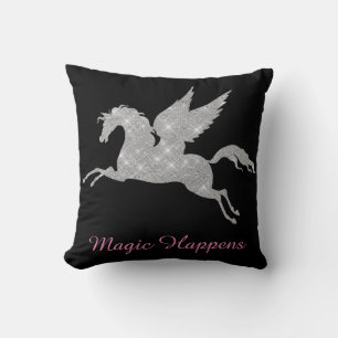 Sparkly Unicorn Black Background Magic Happens Cushion