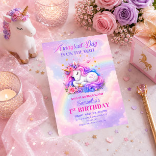 Sparkly Unicorn Girl Birthday Pastel Invitation