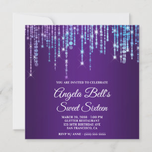 Sparkly Unicorn Lights Royal Purple Sweet Sixteen Invitation