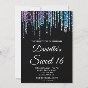 Sparkly Unicorn String Lights Black Sweet 16 Invitation