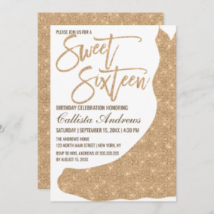 Sparkly White Gold Glitter Dress Sweet 16 Invitation