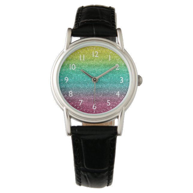 Sparkly Yellow, Blue & Pink Gradient Glitter Watch (Front)