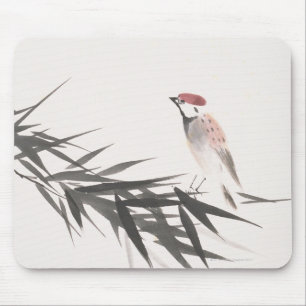 Sparrow and Bamboo Leaves Mouse Pad