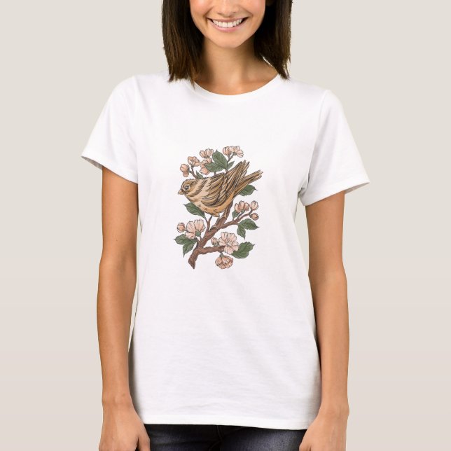Sparrow and Cherry Blossoms T-Shirt (Front)