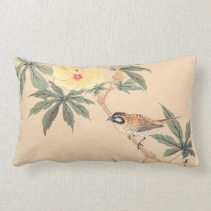 Sparrow and Hibiscus Keibun Matsumoto bird flowers Lumbar Cushion