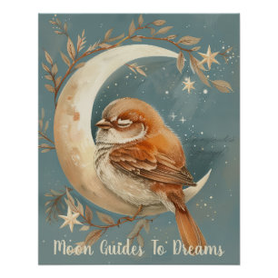Sparrow bird baby sleeping on Moon Poster