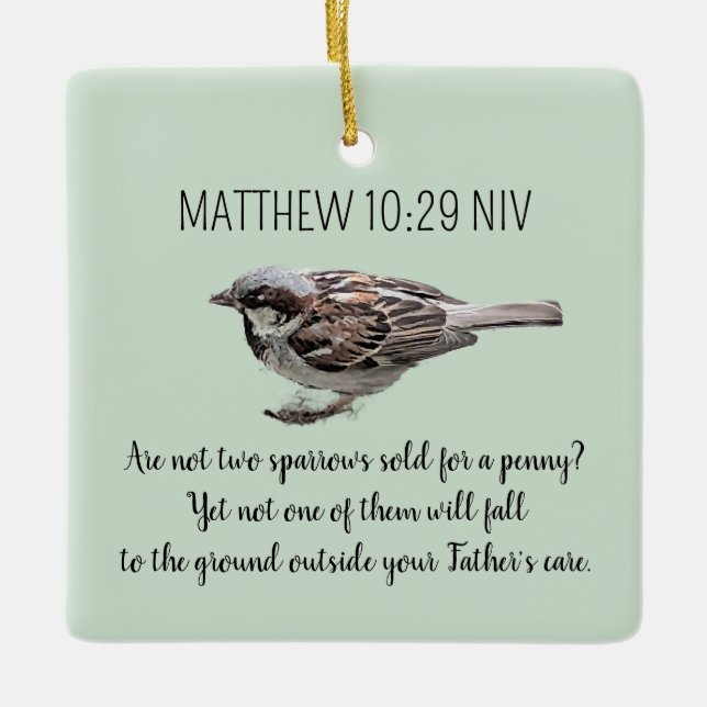 Sparrow Bird Cast Your Cares Bible Verse Green Ceramic Ornament (Front)