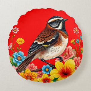 🌸 Sparrow Bird Floral Garden Gift Nature Lovers Round Cushion