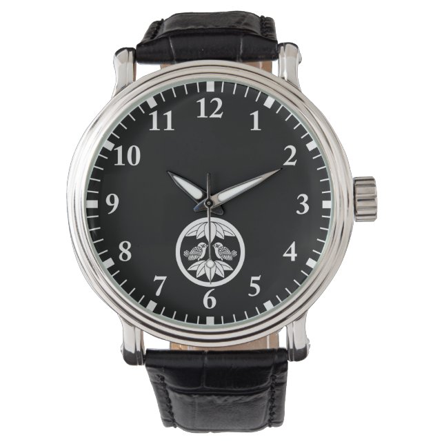 Sparrow facing ten bamboo leaves in a medium circl watch (Front)